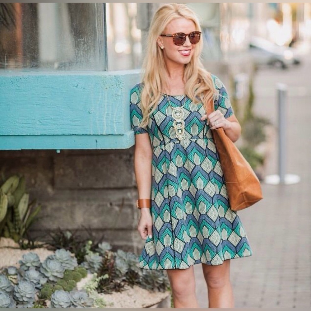 Anthropologie HD In Paris Hollyhock Dress Blue Pixel Print A-Line Short Sleeve M